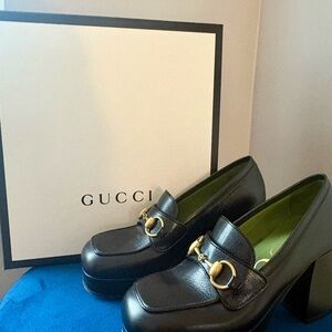 Gucci Black Leather Platform Loafers with Gold Accents